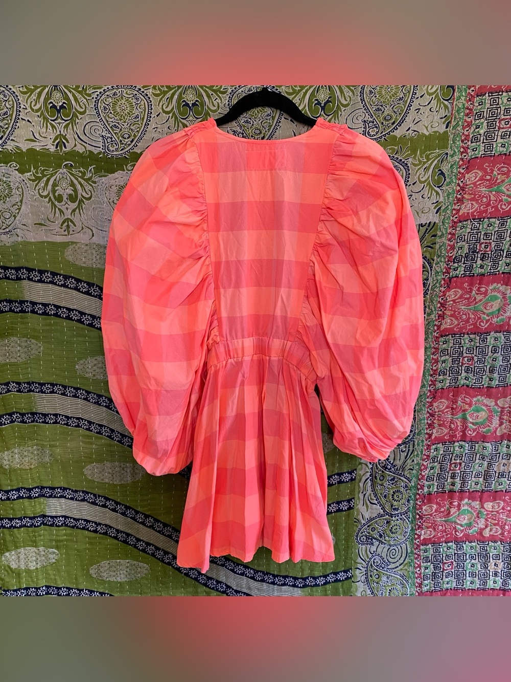 Sundress Neon Coral Alicia Glam Gingham V-Neck Puff Sleeve Romper Size XS/ S - Picture 10 of 16
